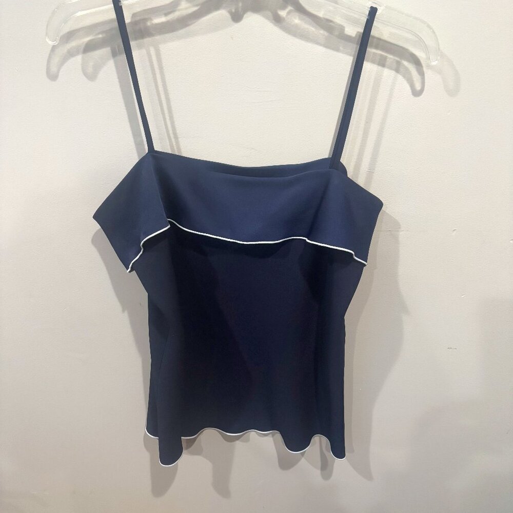 DKNY Navy sleeveless ruffled blouse with white piping detail SZ: Large